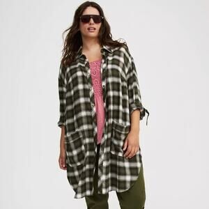 Torrid Oversized Flannel Kimono Shirt Green Plaid Casual Size 1